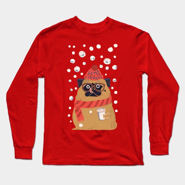 Pug in Snow Long Sleeve T-Shirt by huebucket